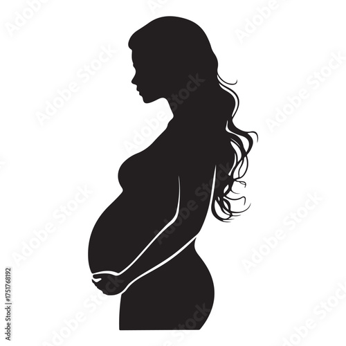 Black silhouette of pregnant woman with straight hair. Vector illustration 