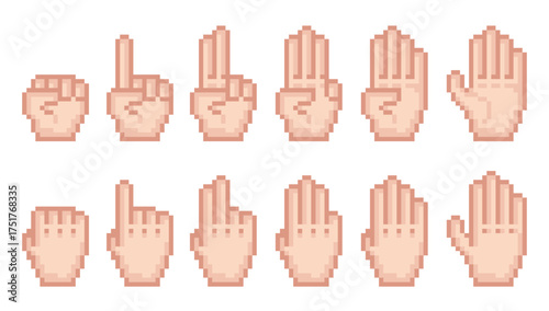 Pixel art fingers counting. Human palm on both sides, count from zero to ten, 8 bit hands icons, retro games assets, communication signs, numbers qualitative vector cartoon isolated set