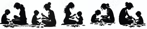 vector silhouette of a parent playing puzzle with baby