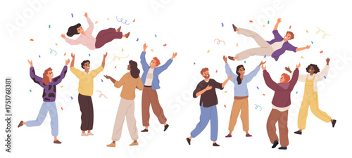 People throw up winners. Tossing in air, happy friends team celebrating success, rejoicing or birthday, team congratulates, holiday party cartoon flat style isolated garish vector set