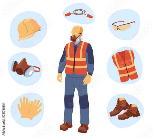 Personal protective equipment. Man in safety gear, personal protection helmet, vest, mask, gloves and shoes, security, construction worker cartoon flat style qualitative vector concept
