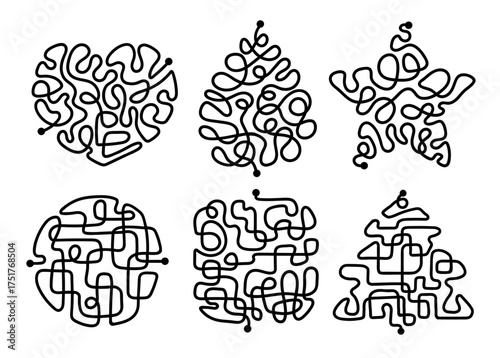 Maze game ways. Kids educational labyrinths, finding right path, shapes templates, children game books design, searching route to exit, logic education scheme splendid vector isolated set