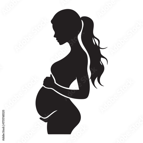 Black silhouette of pregnant woman with straight hair. Vector illustration 