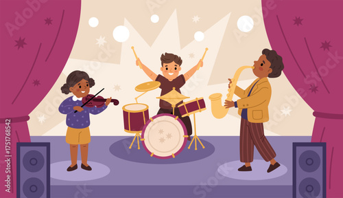 Kids music band. Musical children trio perform on stage, little violinist, saxophonist and drummer, live concert, acoustic ensemble cartoon flat style isolated garish vector concept