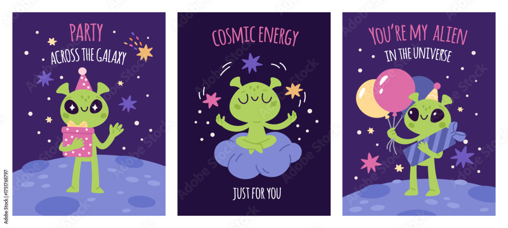 Fototapeta premium Cute aliens cards. Funny inscriptions, ufo humanoids, green little men, happy space characters, cosmos birthday party, poster and print cartoon flat style isolated garish vector set