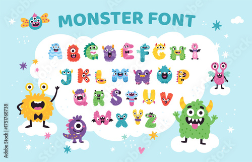 Cute monster alphabet. Funny color letters for kids, cartoon ugly characters, playful font, childish abc, fairy tail creatures, fantasy creative animals poster, garish vector set