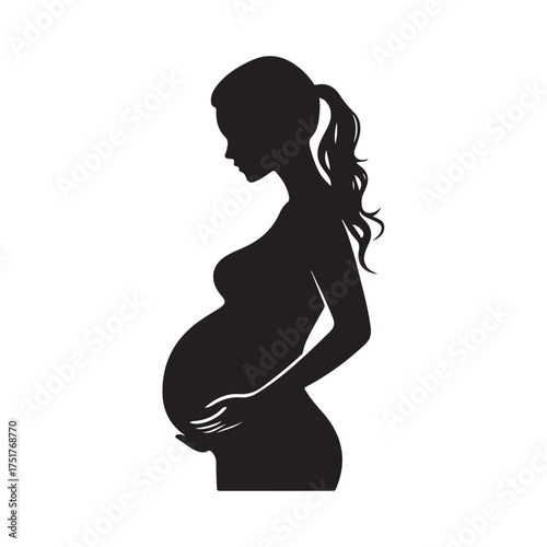 Black silhouette of pregnant woman with straight hair. Vector illustration 