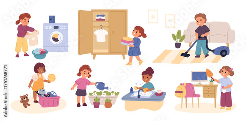 Cute children cleaning home. Funny kids vacuuming, dusting, watering flowers, wash dishes, household chores and worries, housekeeper activity cartoon flat style isolated garish vector set