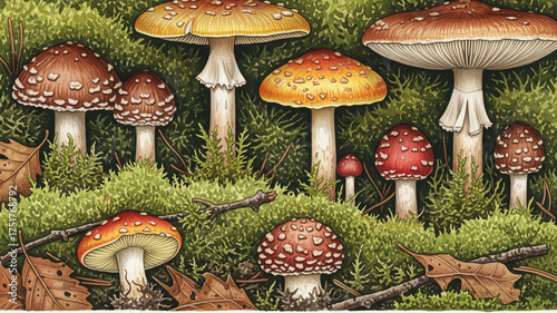 Watercolor Amanita Muscaria and Toadstool Mushrooms on Green Moss