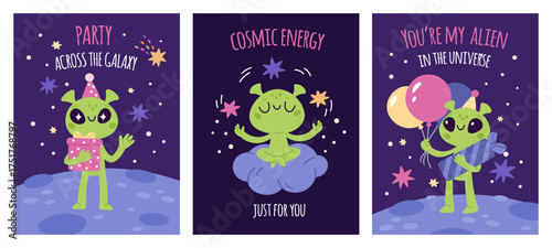Cute aliens cards. Funny inscriptions, ufo humanoids, green little men, happy space characters, cosmos birthday party, poster and print cartoon flat style isolated garish vector set