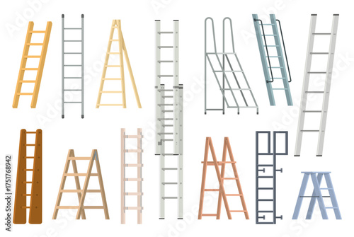Cartoon step ladders. Different types wooden and metal staircases, home renovation and construction equipment, portable stairway for climbing or building, qualitative vector stepladder set