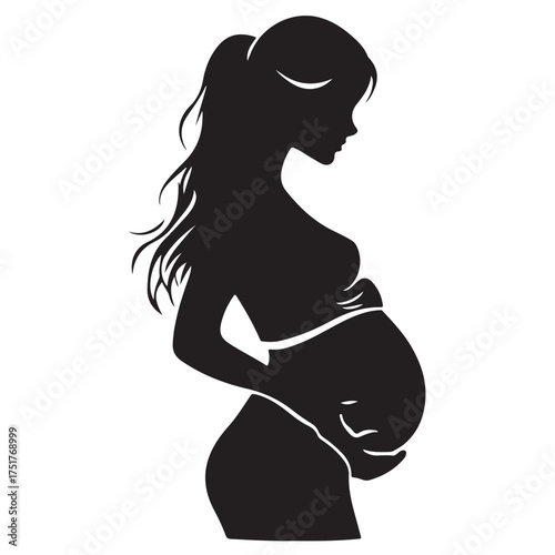 Black silhouette of pregnant woman with straight hair. Vector illustration 