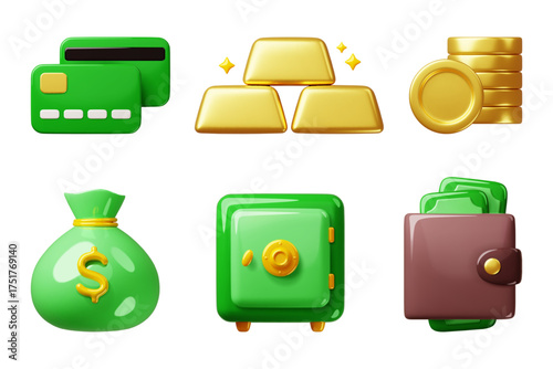 Cartoon 3d money. Finance business icons, payment elements, credit cards, wallet with banknotes, gold coins and bullion, currency investment banking glossy render isolated classy vector set