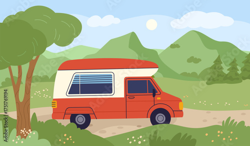Camper traveling. Mobile road home, outdoor recreation, transportation for life, tourist minivan, nature holidays, summer landscape cartoon flat style isolated garish vector concept