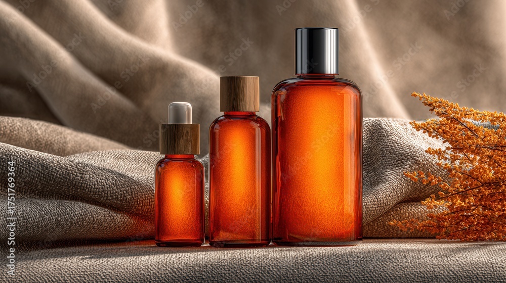 Fototapeta premium Skincare mockup with orange cosmetic bottles on plain background