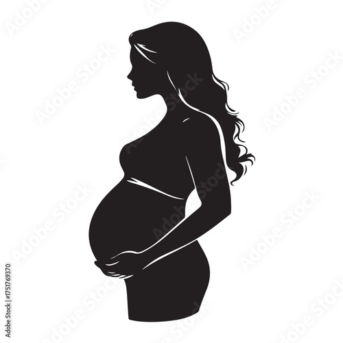 Black silhouette of pregnant woman with straight hair. Vector illustration 