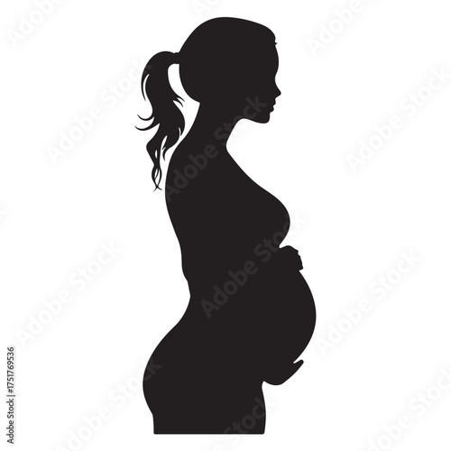Black silhouette of pregnant woman with straight hair. Vector illustration 
