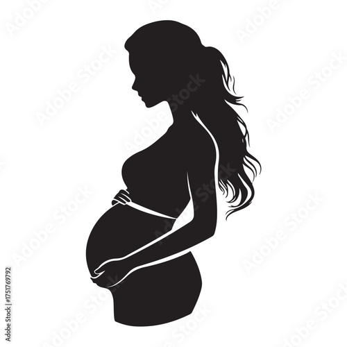 Black silhouette of pregnant woman with straight hair. Vector illustration 