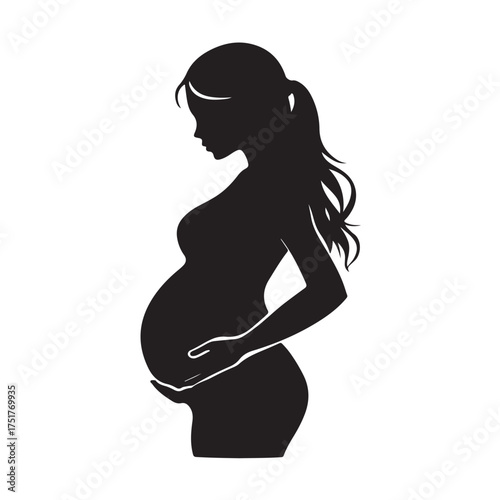 Black silhouette of pregnant woman with straight hair. Vector illustration 