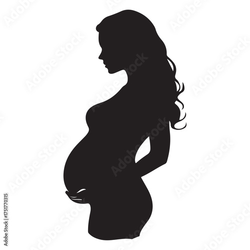 Black silhouette of pregnant woman with straight hair. Vector illustration 