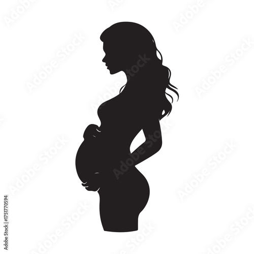 Black silhouette of pregnant woman with straight hair. Vector illustration 