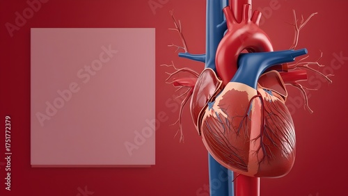 3D Human Heart Anatomy: Aortic Valve, Left Ventricle, Aorta, and Coronary Arteries on Red Background with Copy Space