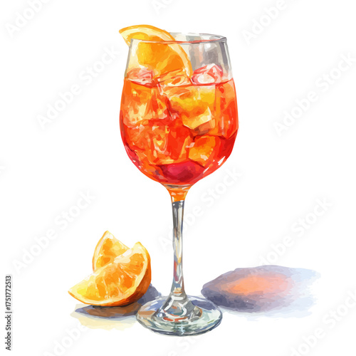 Aperol Spritz watercolor vector, hand-painted style, high-quality illustration isolated on white background.