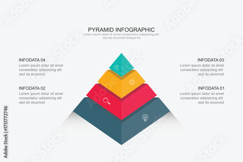 Pyramid infographic template with 4 colors, Business pyramid diagram infographic design 4 steps on white background