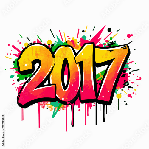 2017 graffiti with yellow and pink gradient and colorful paint splashes Keywords: 2017, new year, graffiti, art, yellow, pink, paint, splatter, drip, splash, spray paint, urban