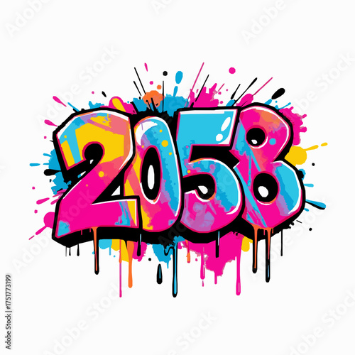 Graffiti style numbers 2058 with colorful paint splatters and drips text typography