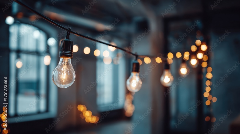 Fototapeta premium String Lights Illumination: Warm Glowing Bulbs Decorating an Indoor Space with Window Background