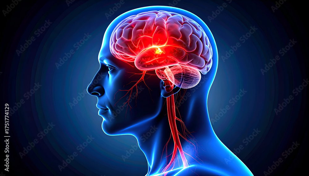 Obraz premium Side profile of human head with semi-transparent brain overlay highlighting blocked artery area in red, realistic lighting, concept of ischemic stroke awareness