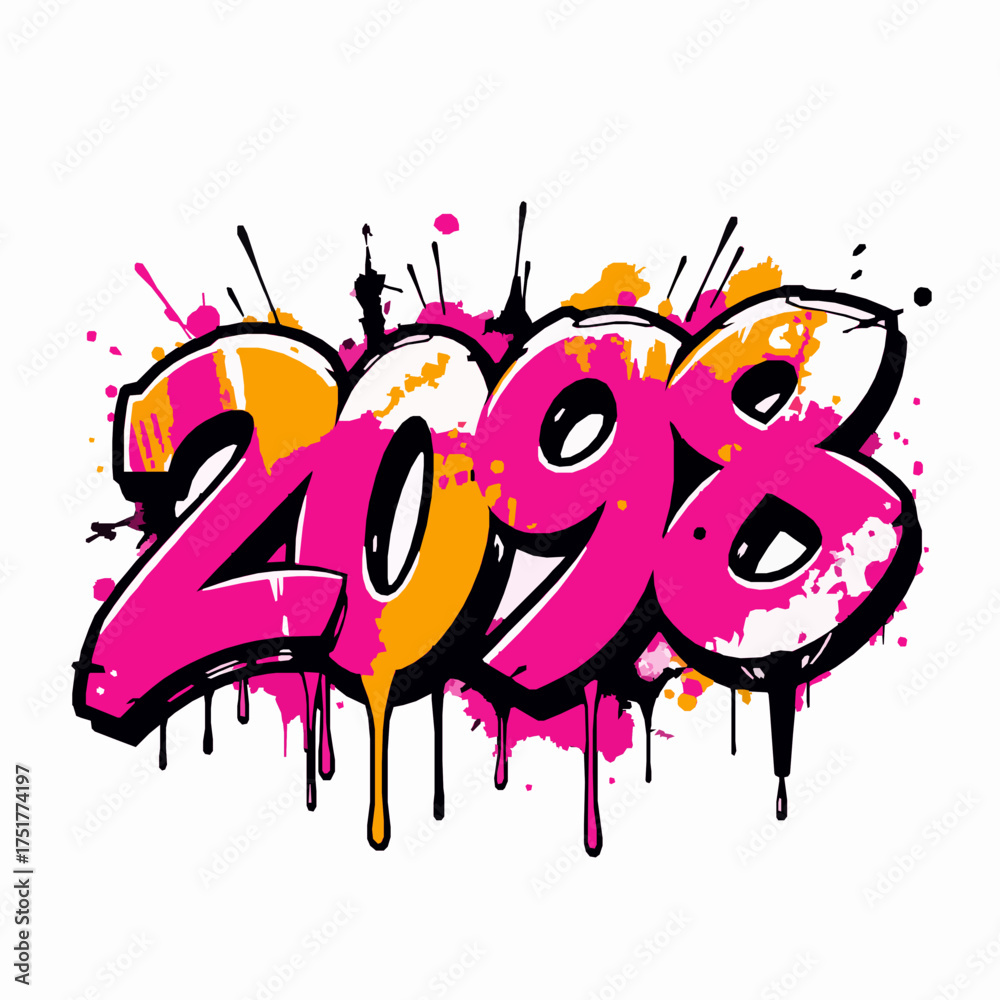 Obraz premium Graffiti style numbers 2098 with pink orange and black paint splatters and drips urban