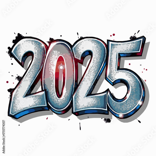 Graffiti style number 2025 with blue and red accents and black paint splatters Keywords: 2025, graffiti, numbers, digits, numeral, year, date, count, quantity, celebration