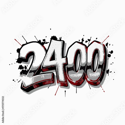 Graffiti number 2400 with red and black paint splatters and metallic finish urban art street art