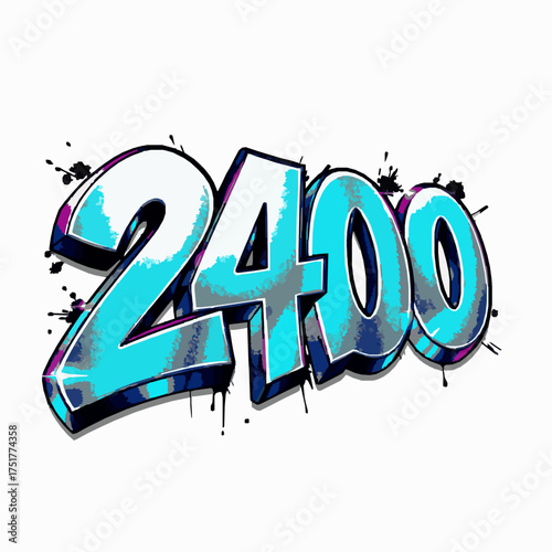 Graffiti number 2400 in blue and silver with paint splashes numeral street art