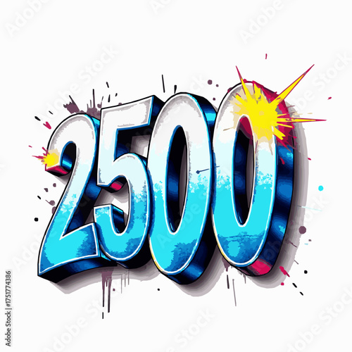 Vibrant Graffiti Style Number 2500 with Splatter Effects and Starburst numeral spray paint