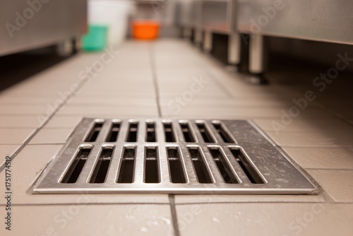Close up view of a metallic industrial floor drain
