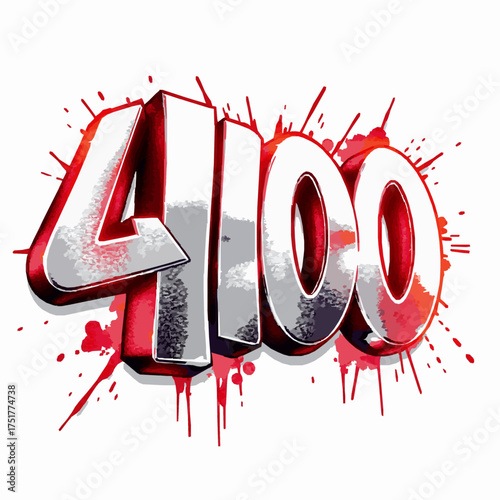 4100 number with red paint splatters and 3D effect Keywords: 4100, number, numeral, digits, count, quantity, graphic, design, illustration, 3D, effect, metallic, chrome, red