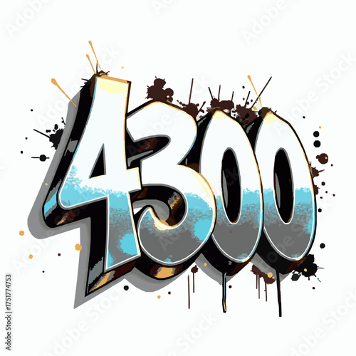 Graffiti style number 4300 with paint splatters and drips on white background spray paint