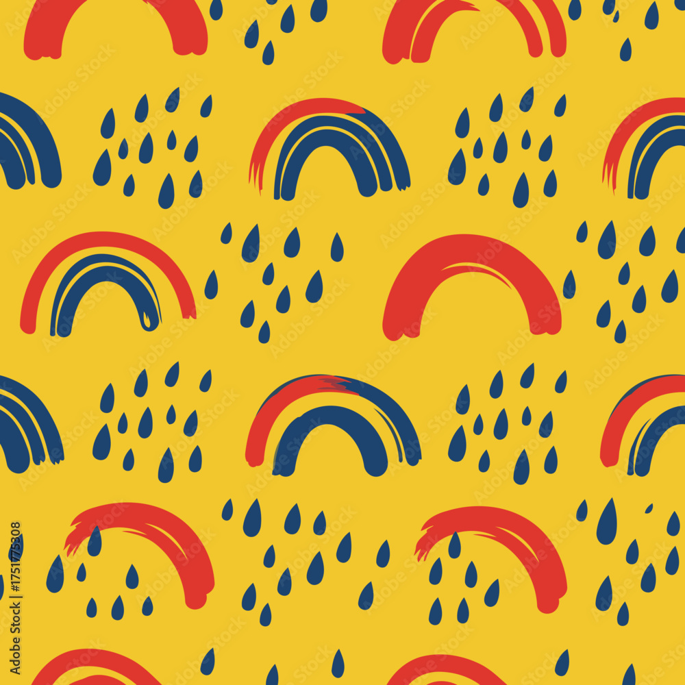 Fototapeta premium Abstract rainbow and raindrop pattern on a mustard yellow background. Colorful, hand-drawn design with a playful, graphic style.