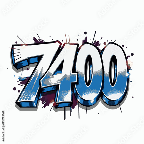 Graffiti style number 7400 with blue and white paint splatters and drips urban