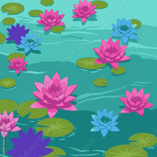 Colorful lotus flowers floating on a teal water surface with lily pads. Vibrant blossoms in various shades of pink, blue, and purple displayed in a serene pond setting.