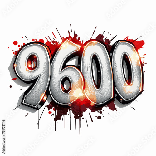 Graffiti number 9600 with red and orange paint splatters Keywords: 9600, graffiti, numbers, digits, numeral, spray paint, art, design, illustration, graphic, urban, style