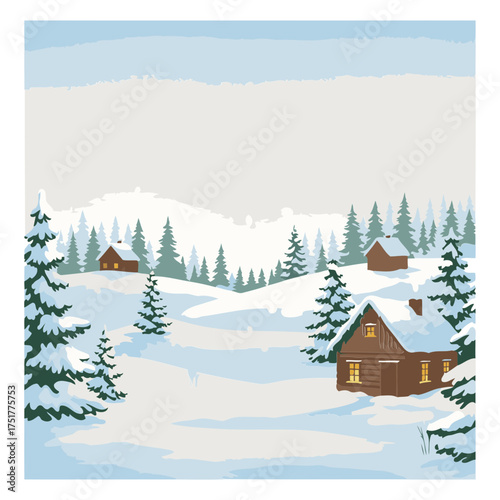 Winter wonderland scene with idyllic wooden cabins in snowy forest landscape. Peaceful scene of cozy cabins at sunrise.