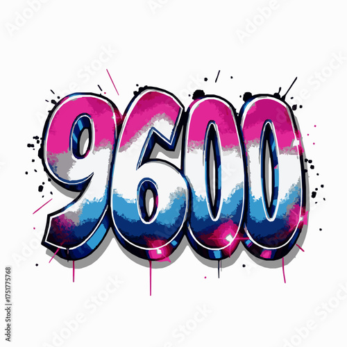 Graffiti number 9600 with pink blue and white paint splatters Keywords: 9600, graffiti, numbers, digits, numeral, spray paint, art, design, illustration, graphic, urban, style