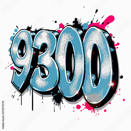 Graffiti style number 9300 with blue and pink paint splatters and drips urban