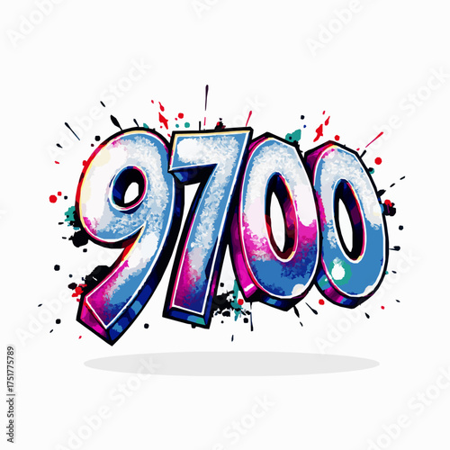 Graffiti style number 9700 with blue and pink paint splatters and drips urban