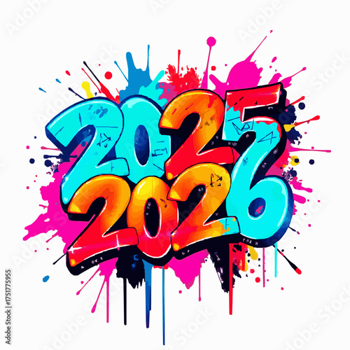 Graffiti numbers 2025 2026 in blue and orange with colorful paint splatters on white background year