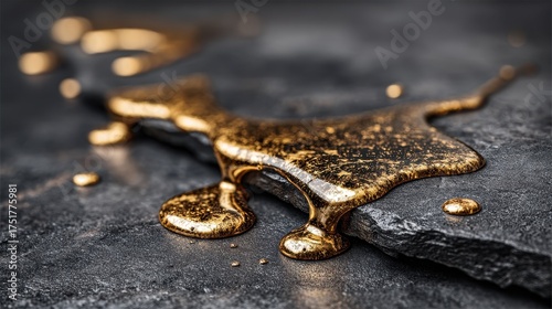Close up of golden olive oil drops flowing on dark stone